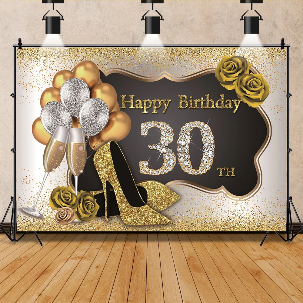 

Happy Women 30th Birthday Party Backdrop Gold High Heels Champagne Balloon Photocall Poster Photo Photography Backgrounds