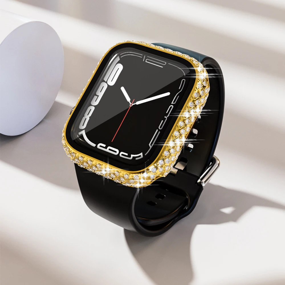 Diamond Watch Case Built-in Tempered Glass for Apple Watch 8 7 41mm 45mm PC Screen Protector Bumper Tempered iwatch Accessories