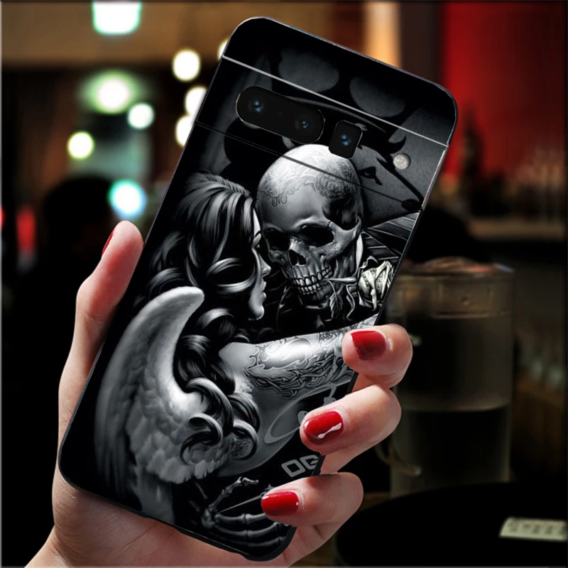 Phone Case for Google Pixel 7 Pro 7 6A 6 Pro 5A 4A 3A Pixel 4 XL Pixel 5 6 4 3 XL 3A XL 2 XL Skeleton Skull Woman Kiss Tattoo images - 6