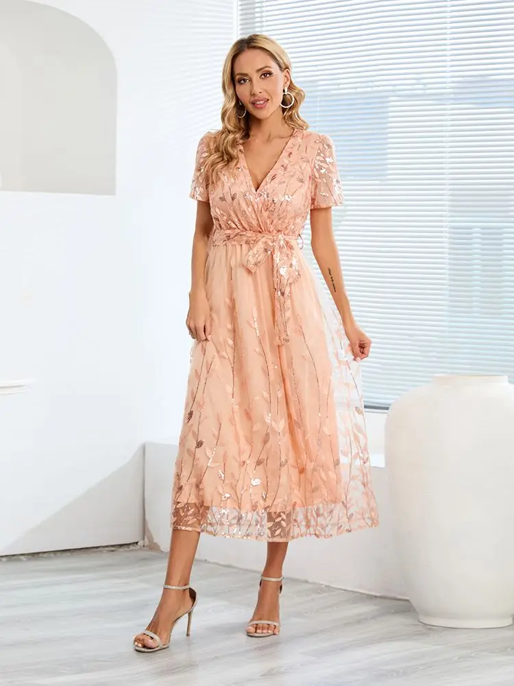 

2023 Women's Dress Spring Summer Polyester Solid V-Neck Gauze Sequins Long Skirt Traf Slim Elegant New In Dresses Y2k Платье