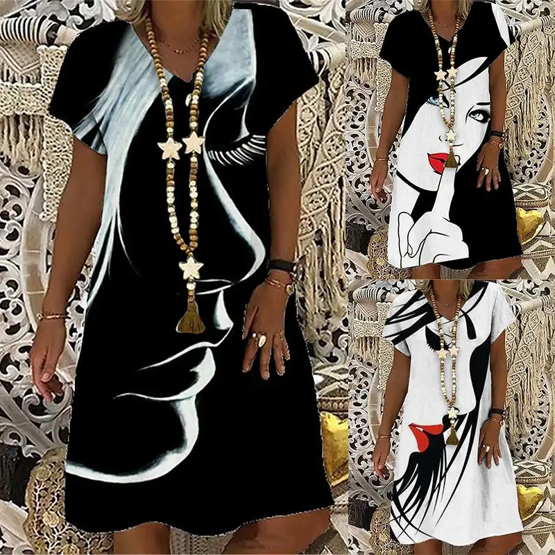 

2022 Summer Women's Elegant Abstract Printed Dress V Neck Short Sleeves Dress Casual Female Loose Dress Pajamas Party Dresses