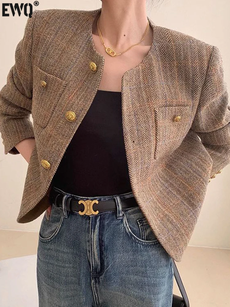 

Женская короткая куртка с длинным рукавом [EWQ], кофейная однобортная Свободная куртка большого размера на осень и зиму, новинка 2023, 16U4675