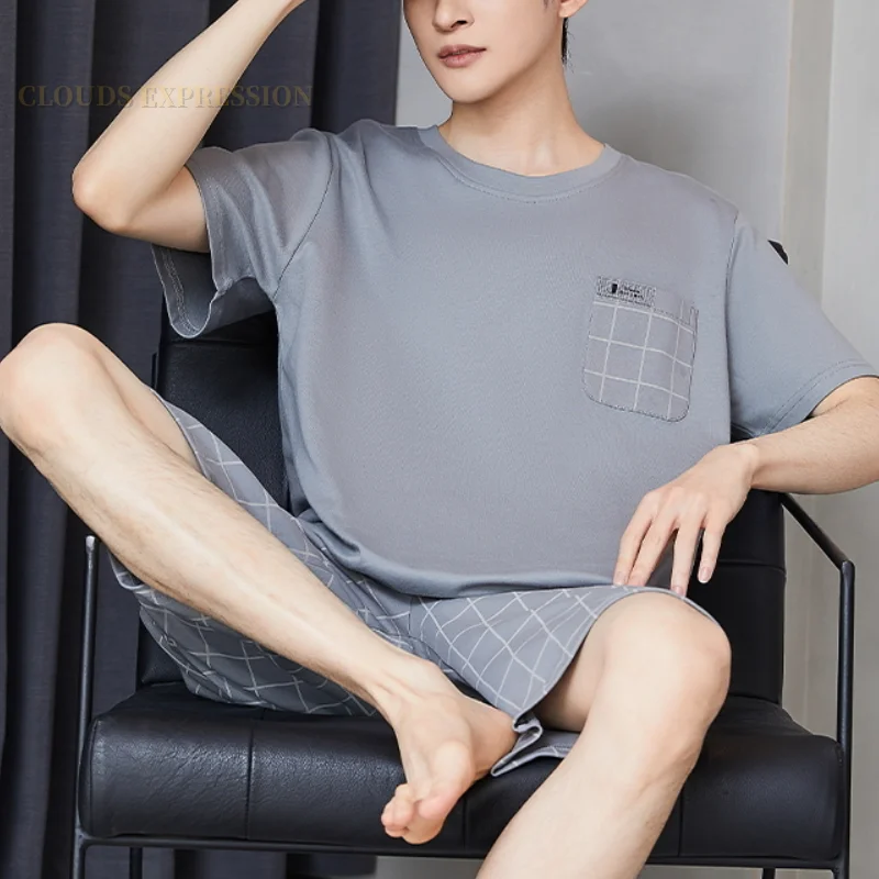 Пижамный комплект Pjs мужской с коротким рукавом трикотажный клетчатая Пижама