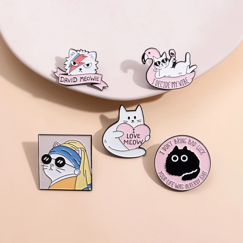 

I Love Meow Enamel Pins I Don'T Bring Bad Luck Cat Sunglasses Badge Backpack Pink Kawaii Jewelry Gift For Friends Wholesale