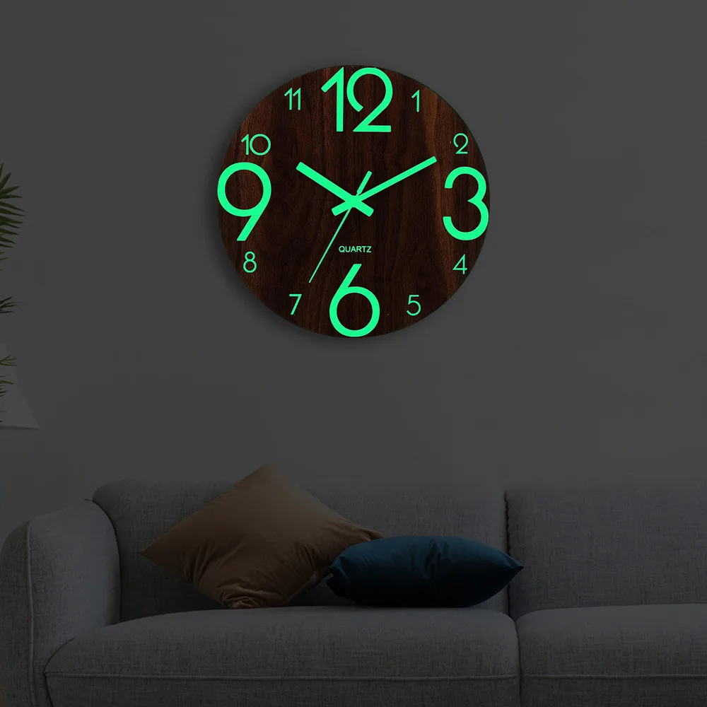 

Wooden Wall Clock Luminous Number Hanging Clocks Quiet Dark Glowing Wall Clocks Modern Watches Home Decor Modern Christmas Gift