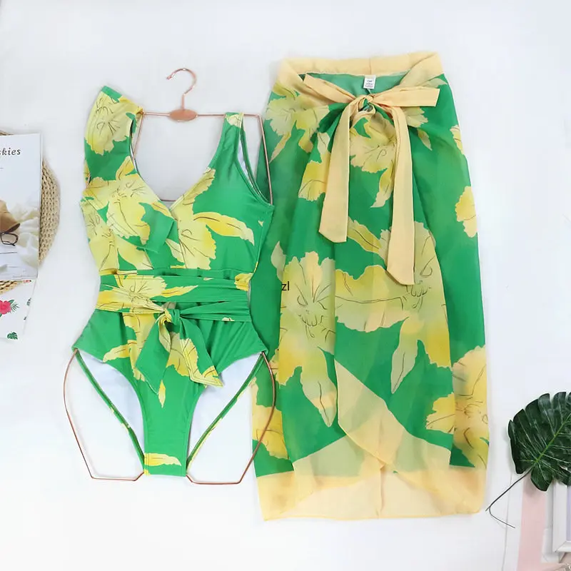Green Fashion Print V-neck Gathered Ruffled Swimsuit Women Backless Slim High Waist Cut Sexy Cutout Bikini Lace Up Beach Skirt