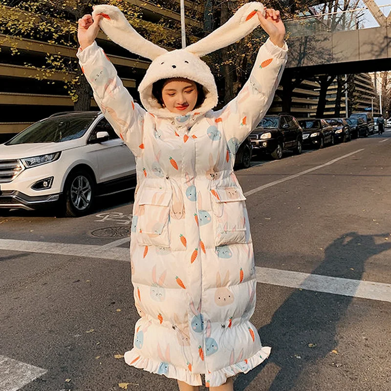 Women's New Over-the-knee Korean Loose Mid-length Thick Fishtail Cotton-padded Jacket Cute Rabbit Ears Cotton-padded Jacket