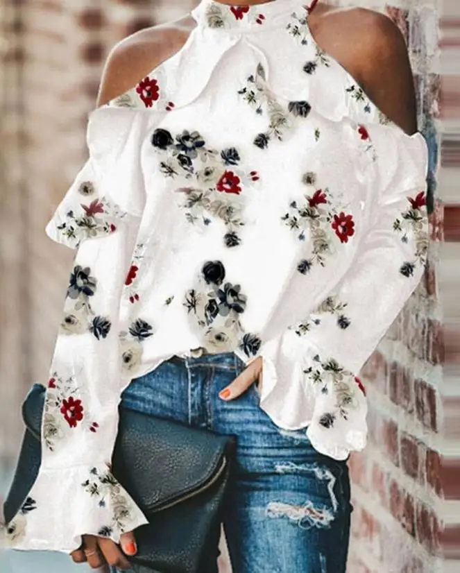 

Fashion Woman Blouses Shirt 2023 Ditsy Floral Print Cold Shoulder Top Summer Casual T-Shirts Pullover Tops Female Clothing