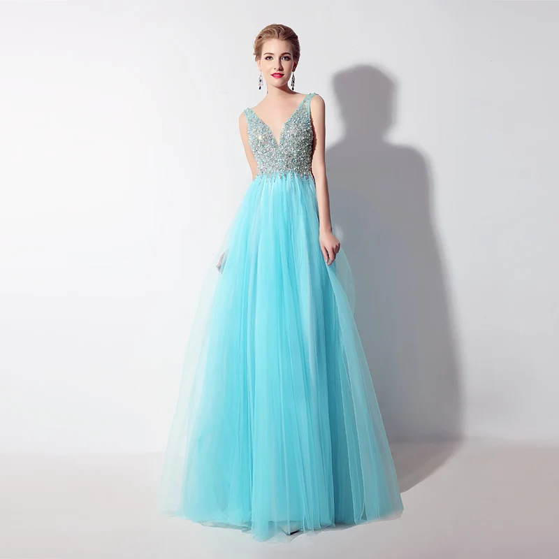 

Sexy Tulle Sequins Evening Party Dress For Women Beads Backless Deep V Neck Suspenders High Waist Long Style Prom Dresses LX066