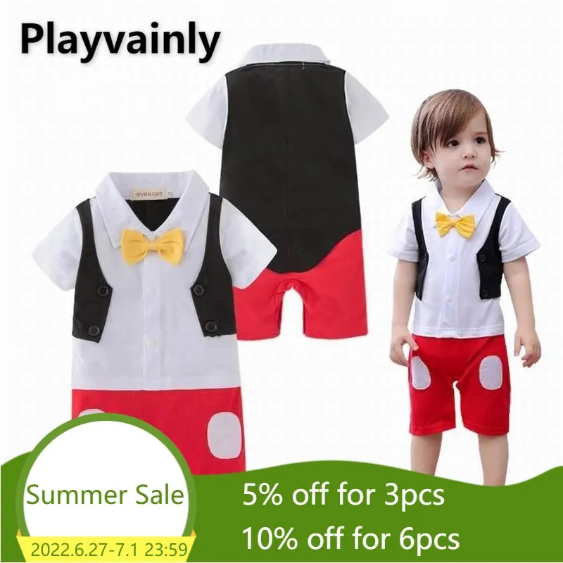 

Baby boy Summer Romper 2021 New Yellow Bow Tie Short Sleeve Cotton Romper Toddler Clothing E12539