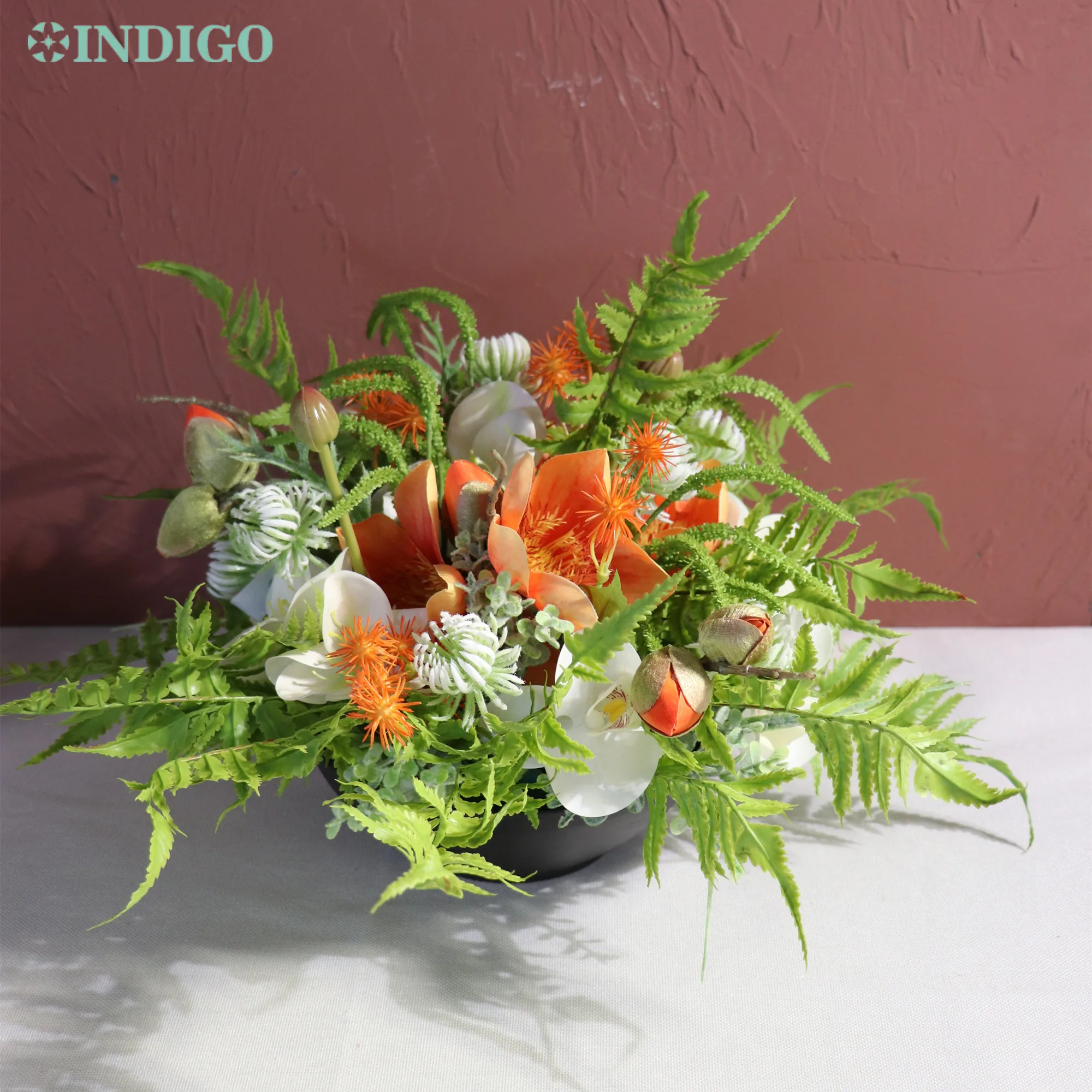 Orange Kapok Centerpiece (1 Set With Melamine Bowl) Artificial Flower Arrangement Bonsai Table Decoration Gift INDIGO Designed