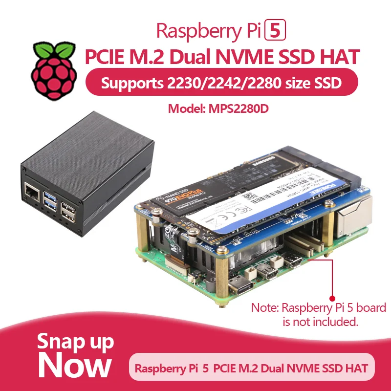 MPS2280D Raspberry Pi 5 PCIE M.2 Dual NVME SSD HAT с поддержкой твердотельного накопителя 2280/2242/2230