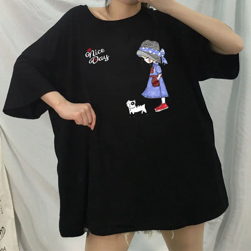 

Large Size 8XL 150KG Summer Short Sleeve t shirt White Black T Shirts O Neck tee shirt femme Cartoon Loose Casual Female Tops