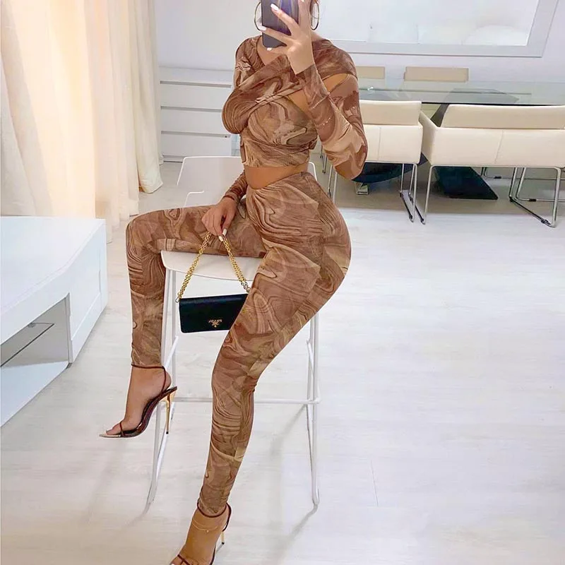 

2021 Autumn Winter Women 2 Piece Pant Set Tie Dye Printed Long Sleeve Outfits Sexy V-neck Crop Tops Bodycon Trouser Set Female