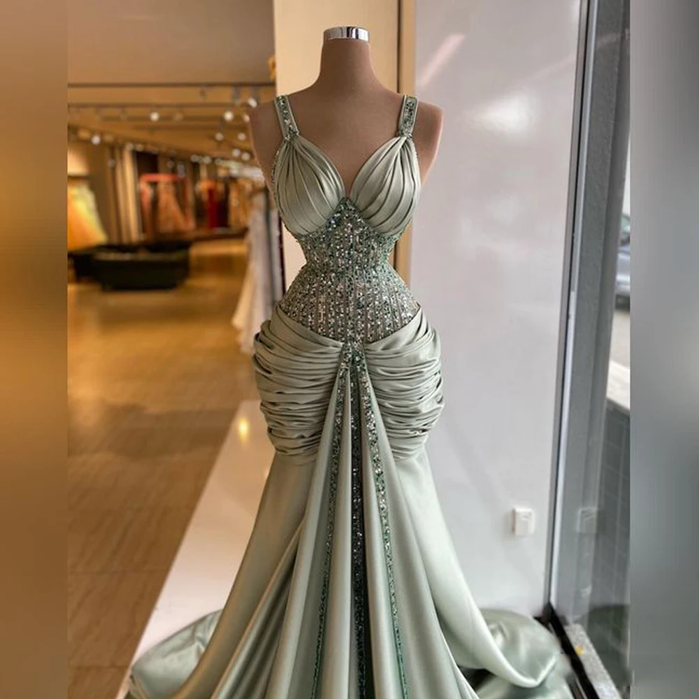 

Blue Luxurious Mermaid Regular Straps Robes De Cocktai 2023 Prom Dress Fashion Bling Sequins Ruffle Satin فساتين السهرة Sweep