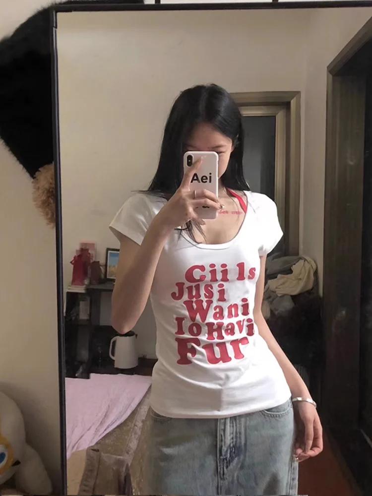 Женская футболка Y2K винтажный топ эстетическая повседневные тонкие женские топы