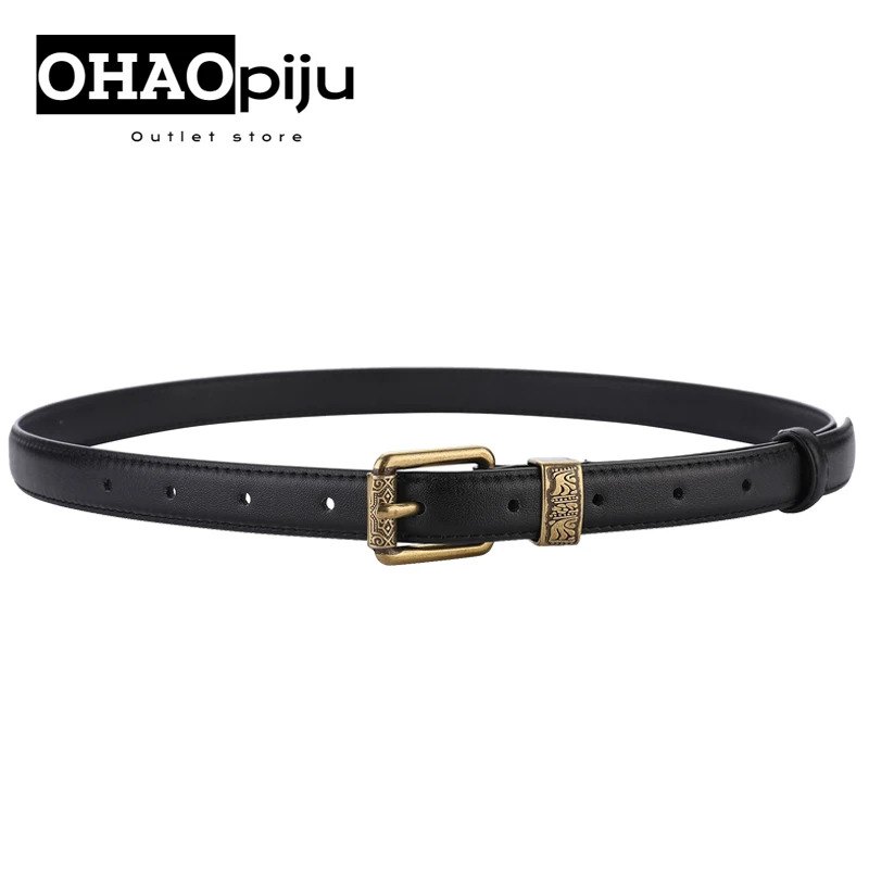 Ou Hao 2023 New Carve Pin Women Casual Fashion Thin Belts Chinese Style  Female Jeans Dress Waistband Brand Design