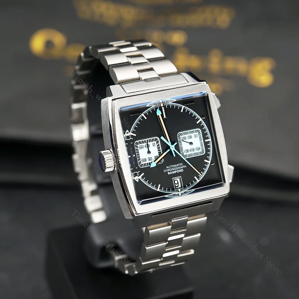 

Мужские часы Bamford, хронограф, кожаный ремешок, синего цвета, светящиеся