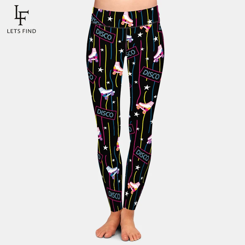 LETSFIND Fashion Women High Waist Leggings Vintage Roller Skate Design Milk Silk Printing  Fitness Leggings