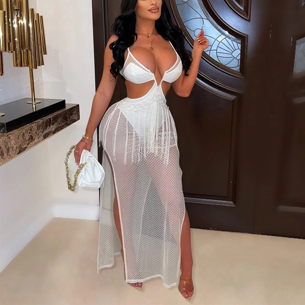 

Женское прозрачное вечернее платье с бахромой, белое платье на бретелях-спагетти с глубоким V-образным вырезом и высокой талией до щиколотк...