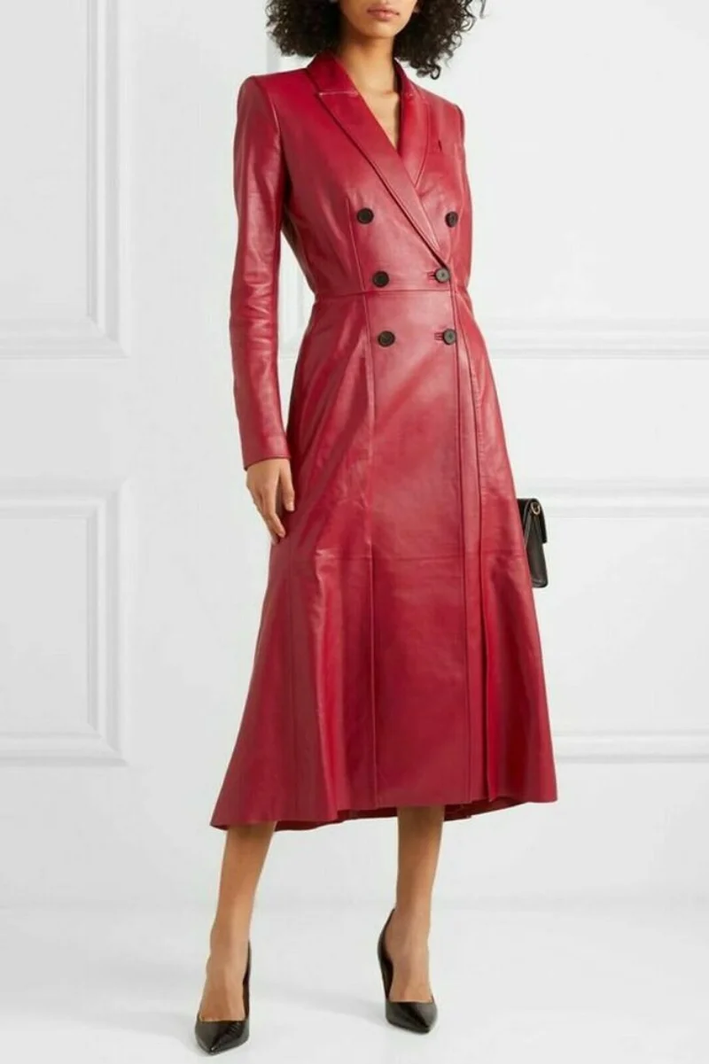 Red 100% Pure Lambskin Leather Formal Style Winter Eve Women Trench Coat