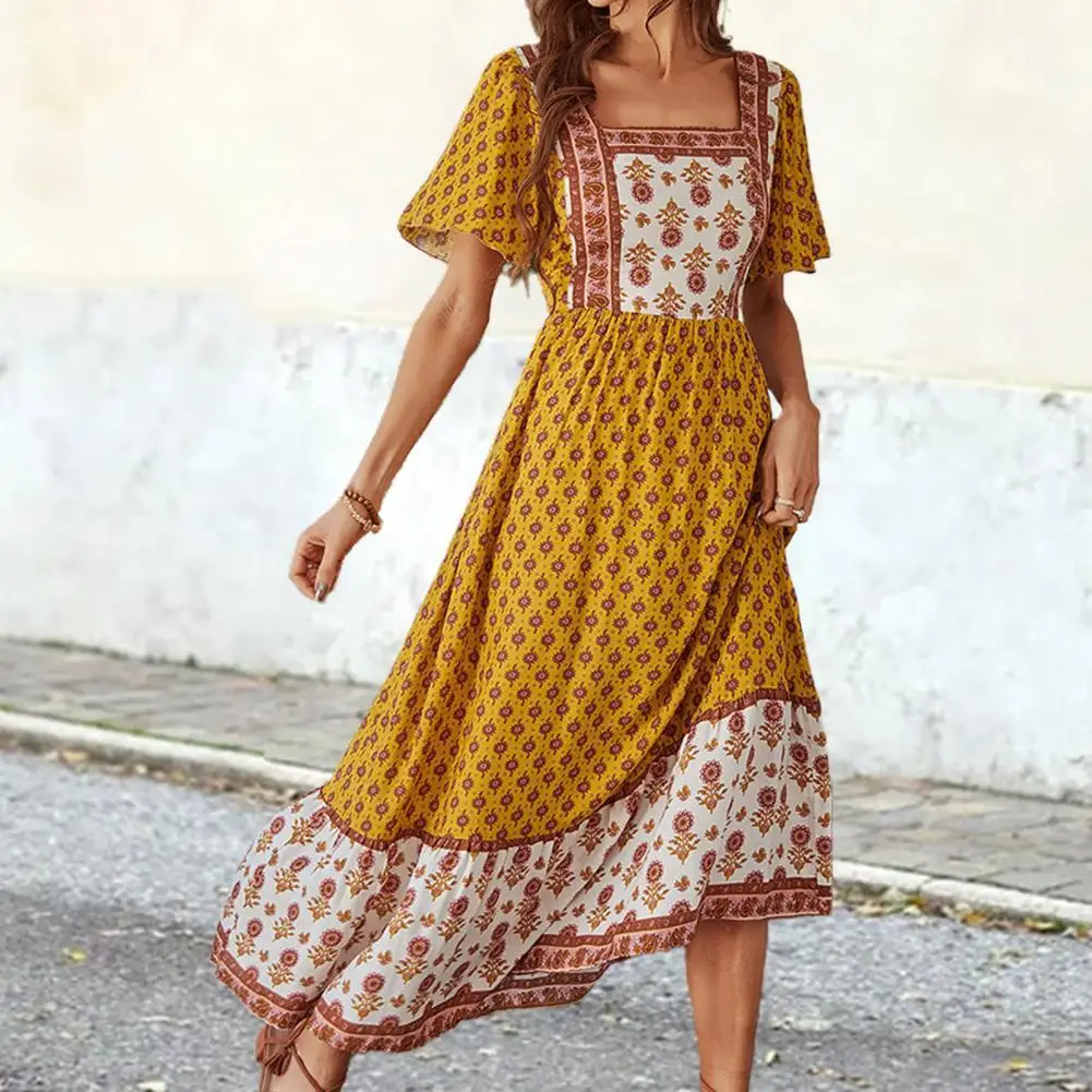 

Ladies Bohemian Short Floral Print Summer Dress Women Loose Casual High Waist Ruffles Sleeve Women Dress Female Robe Vestidos