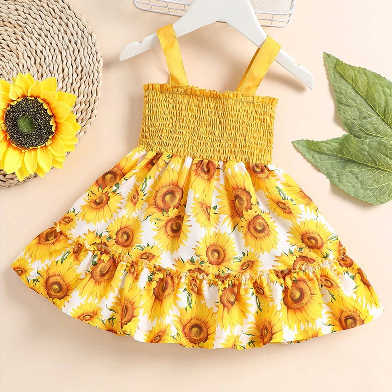 

Детское летнее платье с принтом подсолнуха без рукавов