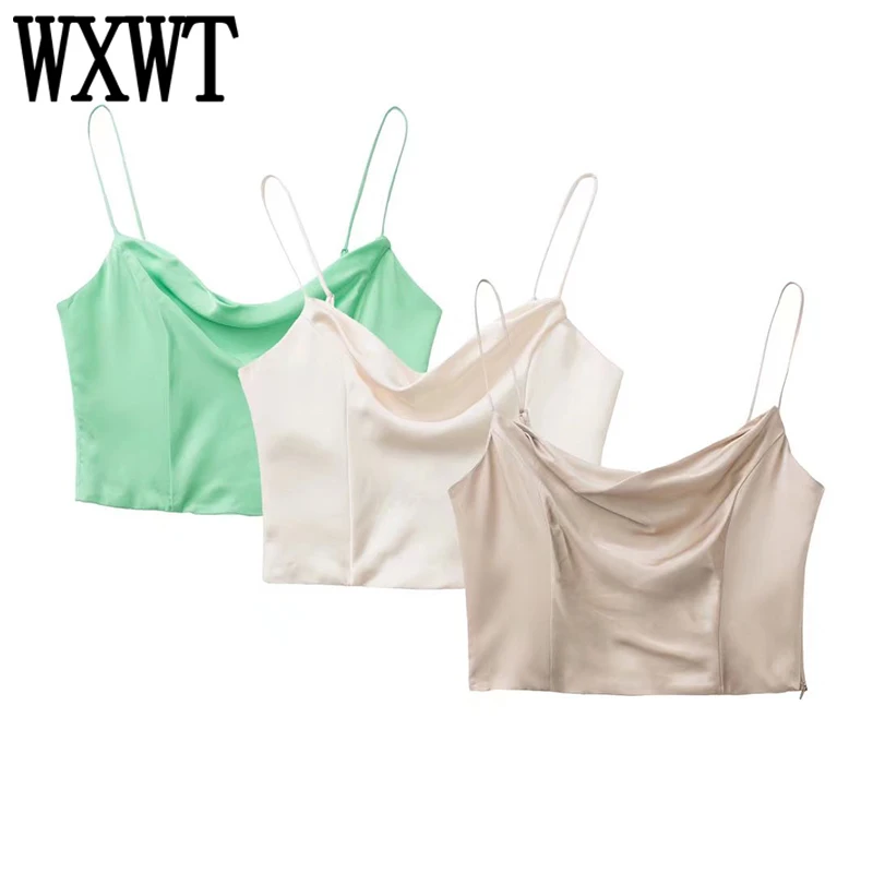 

Женская однотонная майка WXWT, шикарная пикантная короткая майка без рукавов, топы, женский пляжный топ на бретелях, женские майки QJ8504