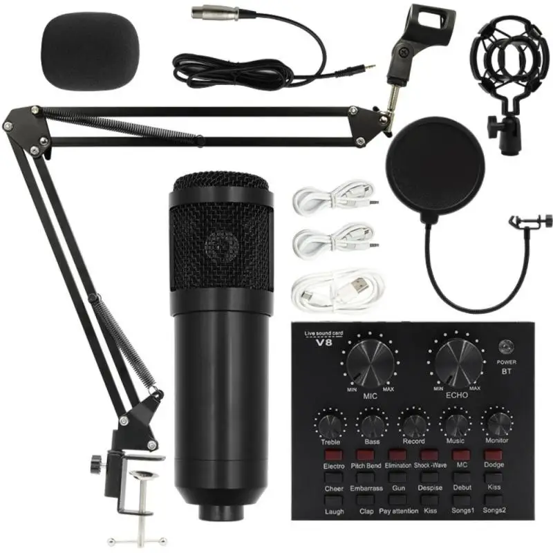 

BM-800 Condenser Microphone with Suspension Scissor Arm Cardioid Microphone with V8 Sound Card for YouTube Recording Singing