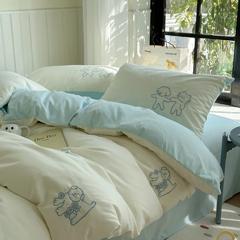 INS Embroidery Solid Washed Cotton Four-Piece Set Cartoon Sle Simple Student Dormitory Three-Piece Bedding