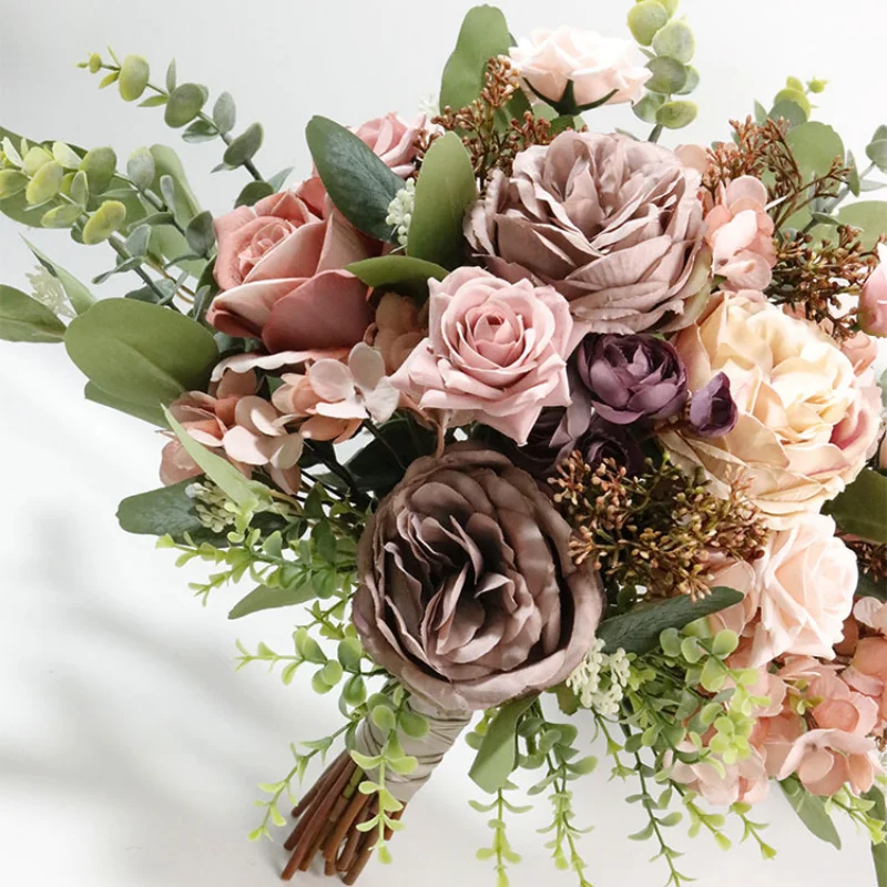 

Vintage Artificial Silk Flowers for Home Wedding Christmas Decor Bedroom Table Arrange Bride Holding Fake Bouquet