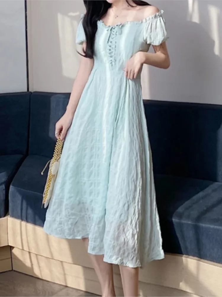 

Women's Summer Elegant Casual Midi Dress Short Sleeve Lace-up Loose Vestidos Femme Fashion Outerwear Solid Robe