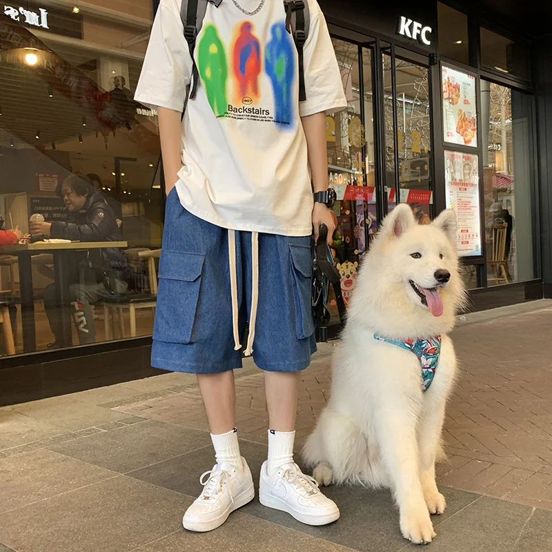 Summer Cargo Denim Shorts Men Fashion Pocket Denim Shorts Men Japanese Streetwear Hip-hop Loose Straight Jeans Shorts Men M-2XL