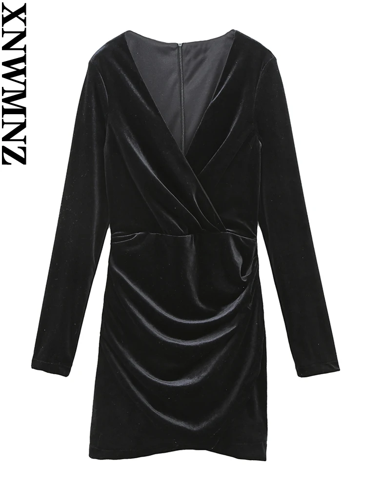 

XNWMNZ 2023 женское модное бархатное платье, женское винтажное платье с V-образным вырезом и длинным рукавом, плиссированное, на молнии сзади, жен...