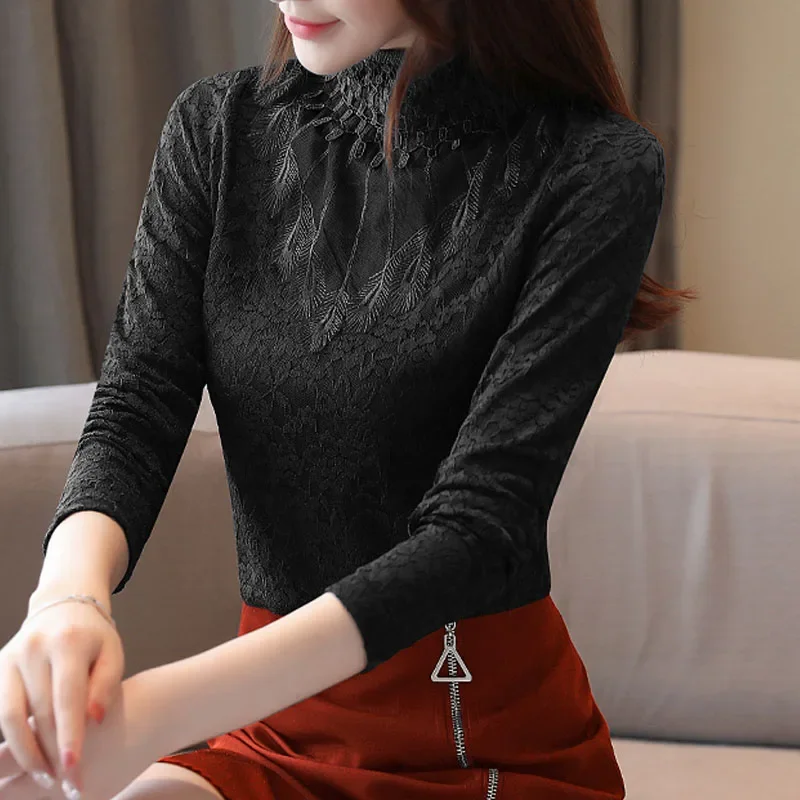 Новая кружевная женская блузка с воротником-стойкой и длинным рукавом бархатная