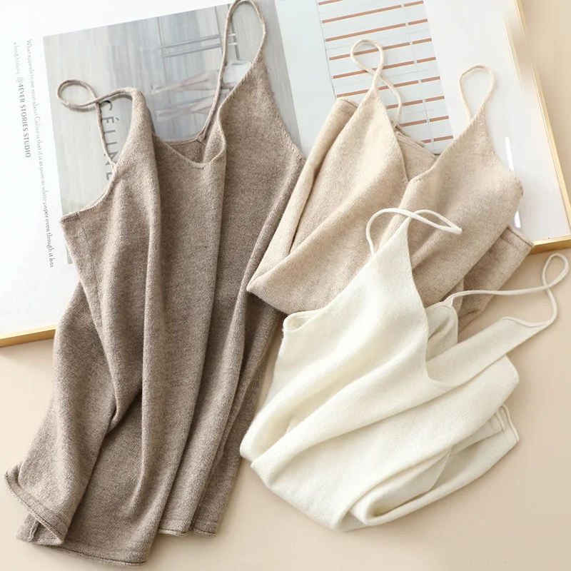 New Arrival Women Sexy 100% Cashmere Slim Vest Casual Tops V-Neck Tank Soft Ladies Knit Camisole Bottoming