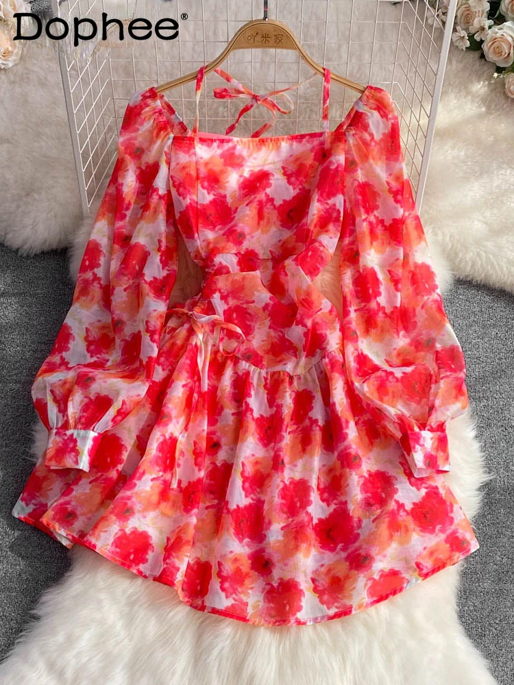 

French Floral Dress 2022 Autumn Gentle Style Square Neck Long Sleeve Waist Closing Thin A-line Chiffon Dresses Tide