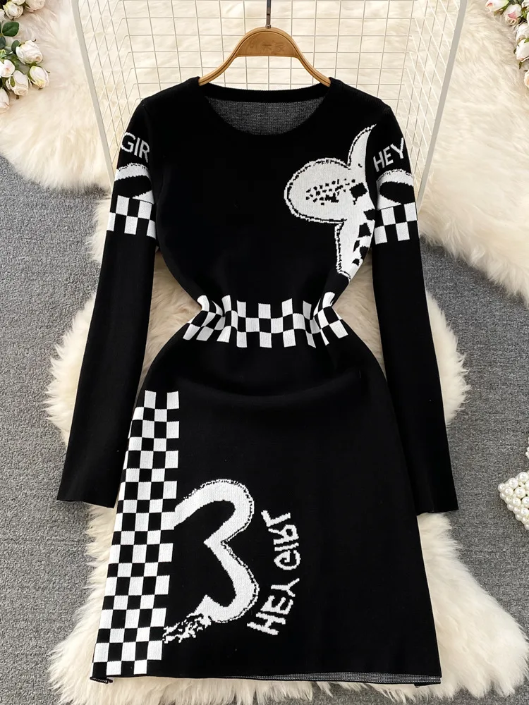 

Knitted Sweater Dress Women Autumn Kawaii Fashion Pullover Slim A Line Letter Jacquard High Waist Knit Dresses Vestidos 2022