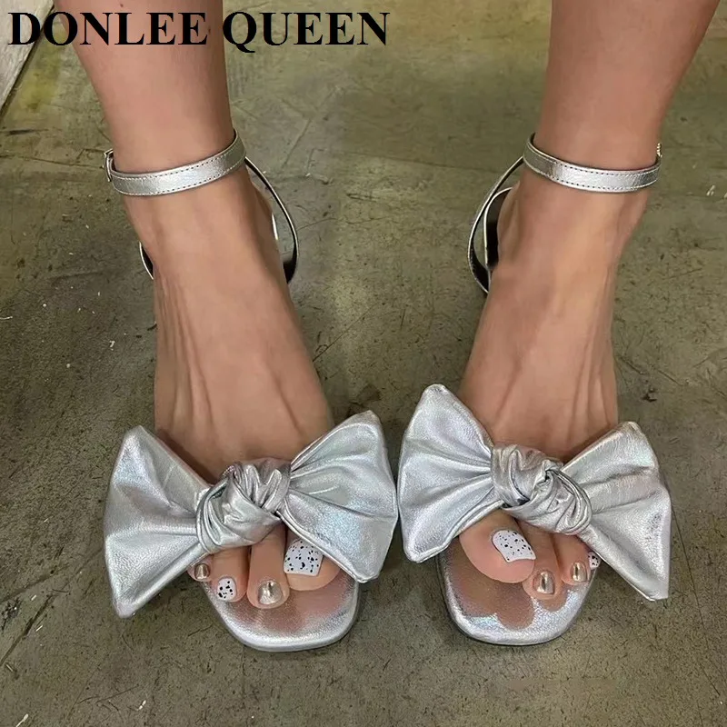 

Brand Women Sandals Sweet Bow Knot Med Heels Slingback Sandal For Women Elegant Peep Toe Mules Trendy Luxury Ladies Shoes Sliver