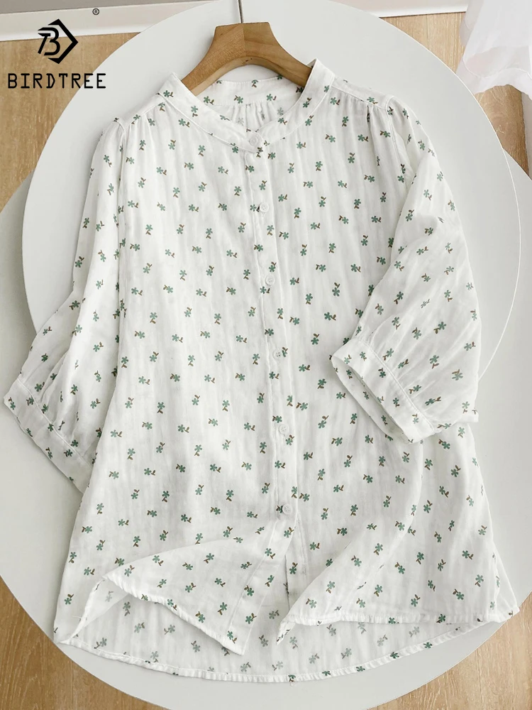 

Новинка весна лето двухслойные хлопковые белые рубашки женские зеленые топы с принтом 3/4 рукав летучая мышь Свободная блузка с воротником с подставкой T34738C