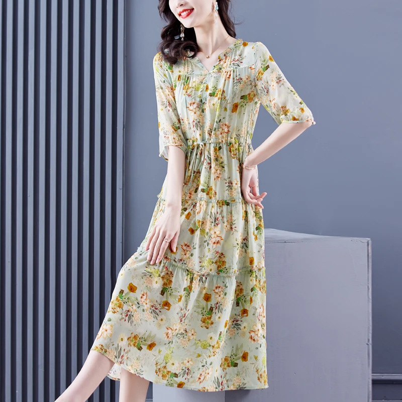 Loose 2023 Casual Mulberry Silk Maxi Emerald Green Dress Spring Summer Vintage 4XL Plus Size Elegant Women Party Vestidos