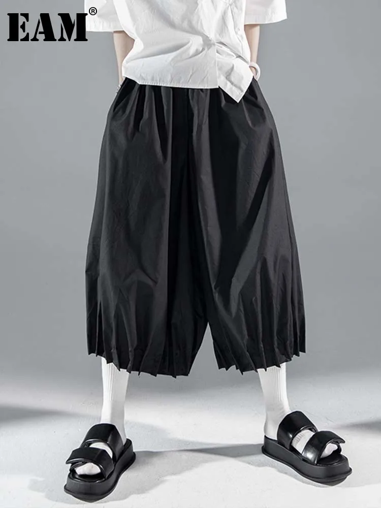 

[EAM] High Elastic Waist Black Brief Pleated Wide Leg Trousers New Loose Fit Pants Women Fashion Tide Spring Autumn 2022 1DE9158