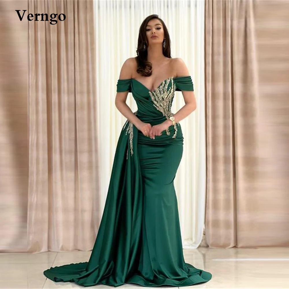 

Verngo Green Satin Mermaid Evening Dresses Off Shoulder Applique Pleats Overskirt Dubai Arabic Women Elegant Formal Prom Gowns