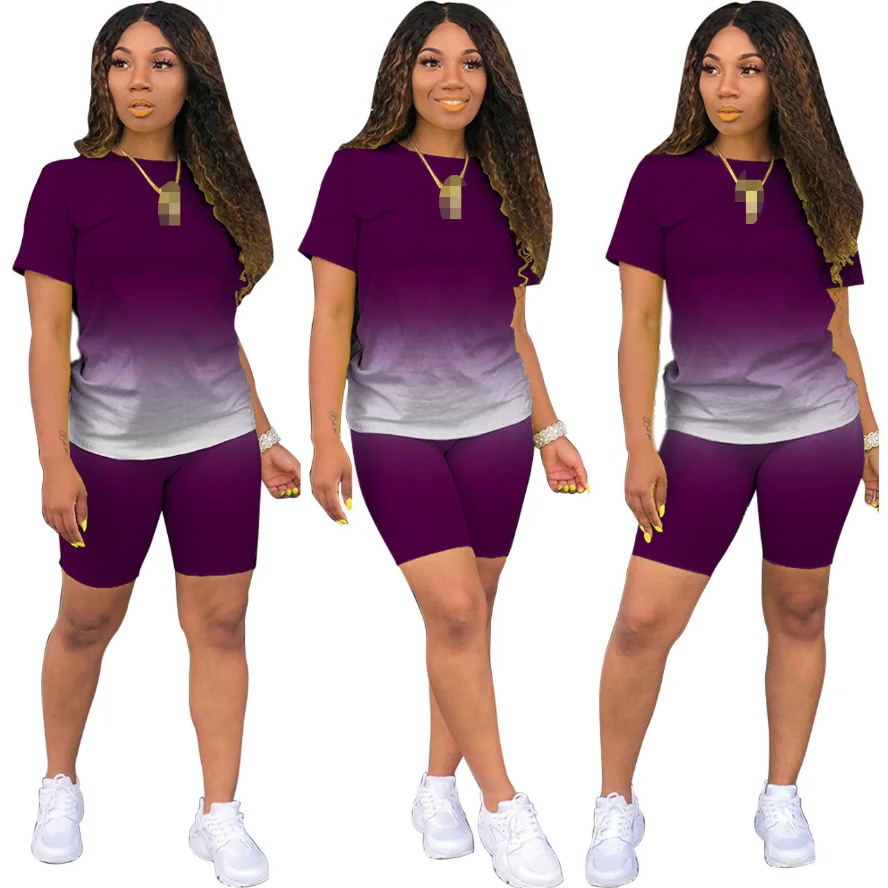 

2022 New Women's Summer European and American Short Sleeve Shorts Casual Gradient Solid Color Two-piece Set