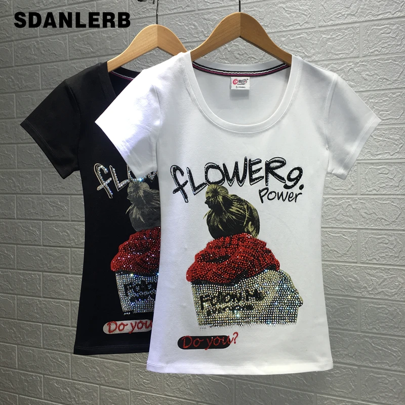 

Diamond-Embedded Cartoon White Short-Sleeved Women's T-shirt Slim-Fit 2021 Summer New Trendy Top Crew Neck Fashion T Shirt