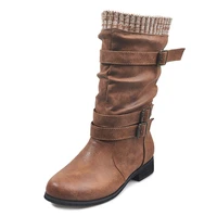 womens boots knitted mid calf high boots winter buckle strap chunky heels shoes woman slip on retro boot ladies footwear