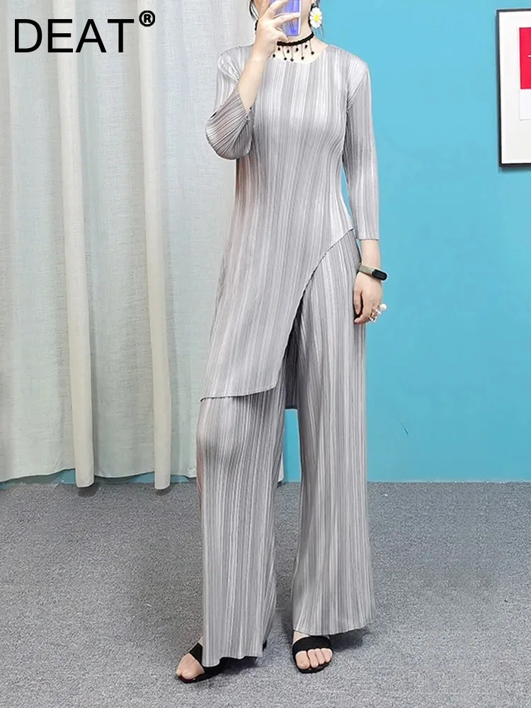 DEAT Плиссированные комплекты из двух предметов для женщин 2024 осенние топы с