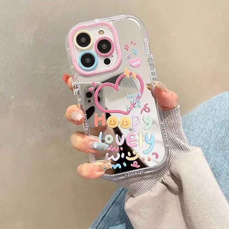 Зеркальный чехол для телефона с воздушной подушкой Hot Love Heart iPhone 16 15 14 13 Pro Max 12 mini 11 X