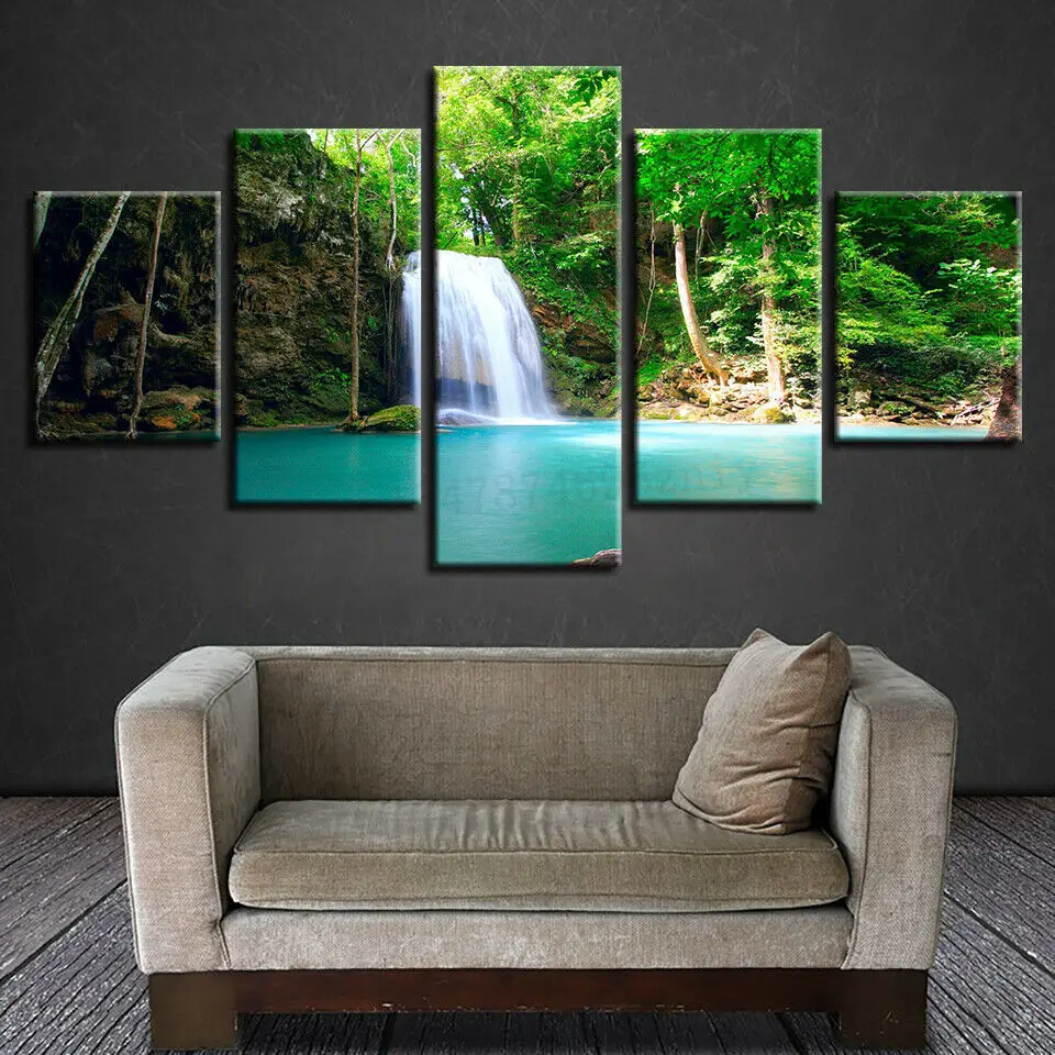 

Green Forest Waterfall Paintings HD Prints Lake Landscape Poster 5 Panel HD Print Pictures Canvas Wall Home Decor No Framed Art