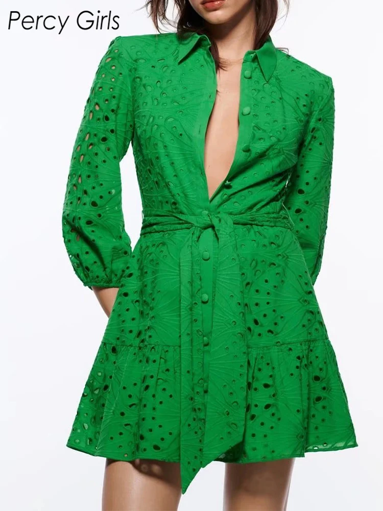 

2022 ZA New Spring Autumn Office Lady Style Fashion Embroidery Mini Dress Women Casual Chic Hollow Out Sashes Dresses Female